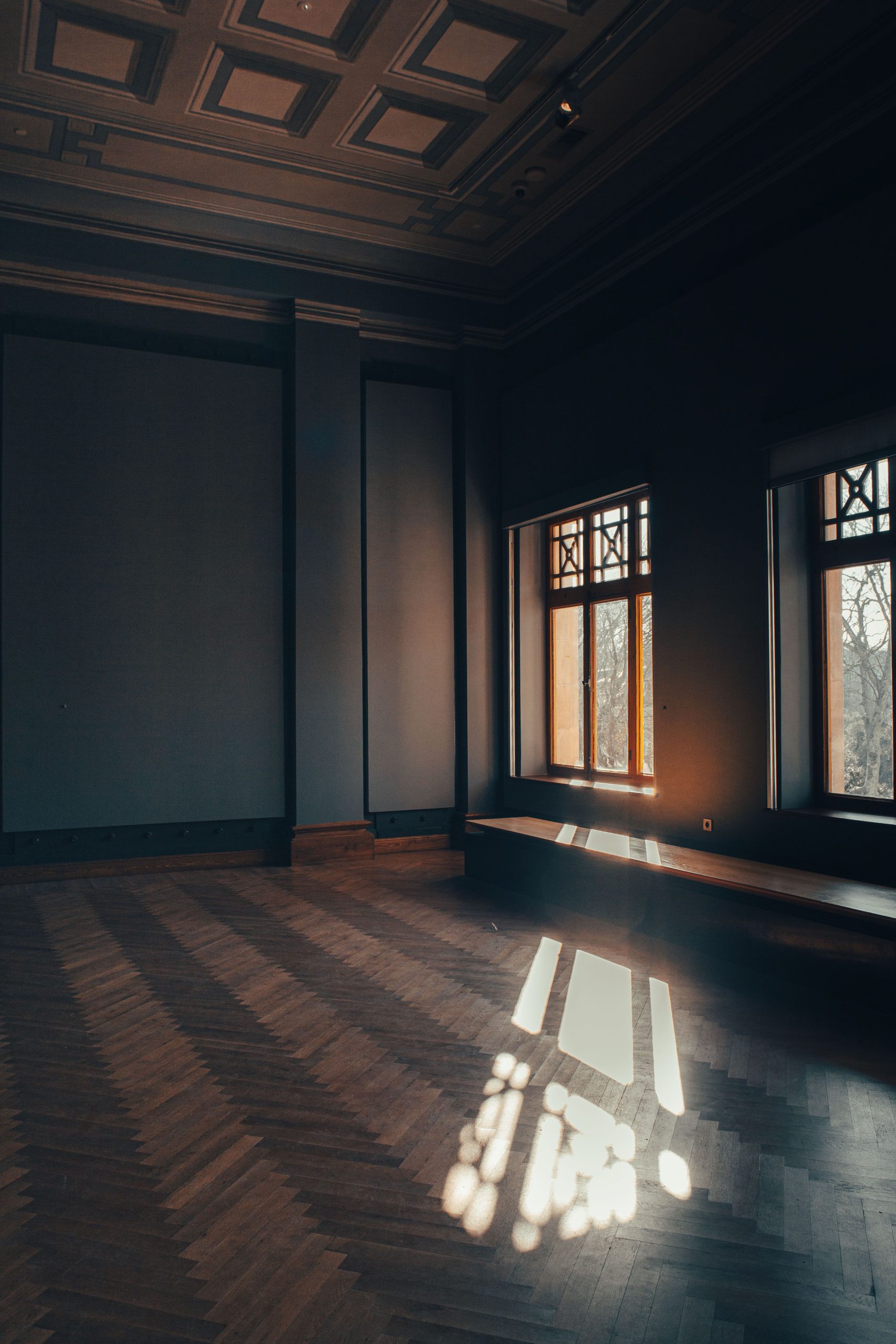 Sala vacía con suelo de madera en espiga, luz natural entrando de lado